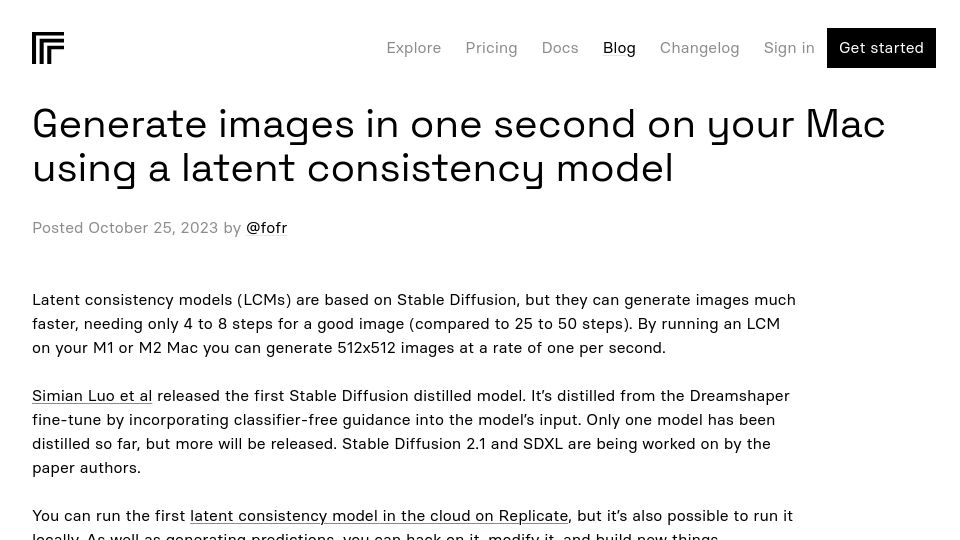 Screenshot of replicate.com: Generate images in one second on your Mac using a latent consistency model