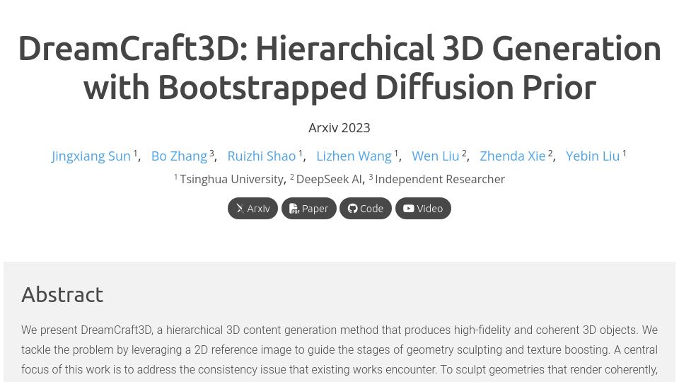 Screenshot of mrtornado24.github.io: DreamCraft3D: Hierarchical 3D Generation with Bootstrapped Diffusion Prior