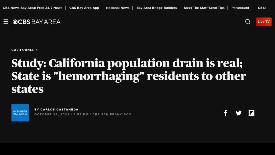 Screenshot of cbsnews.com: California population drain: State is hemorrhaging residents to other states