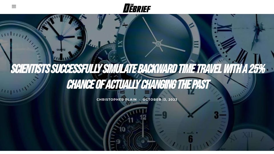 Screenshot of thedebrief.org: Scientists simulate backward time travel using quantum entanglement