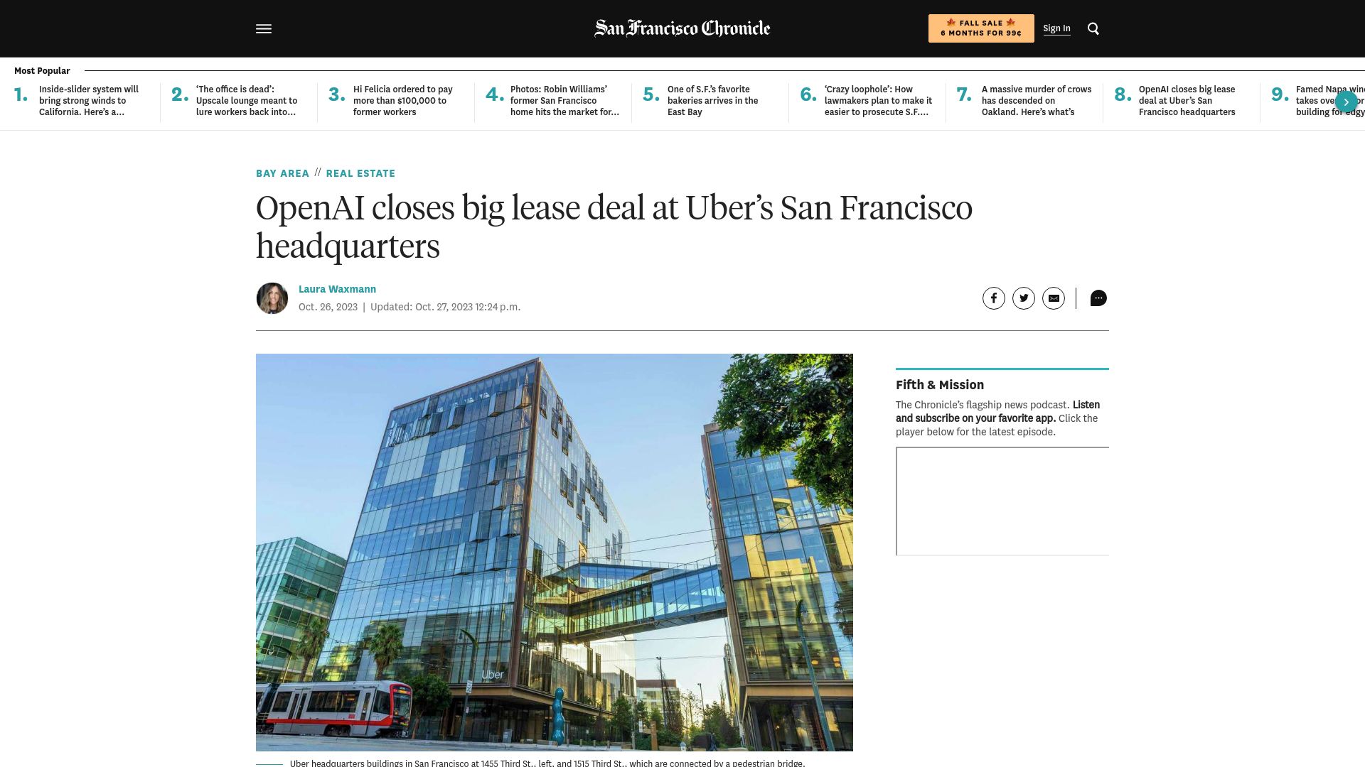 Screenshot of sfchronicle.com: OpenAI closes big lease deal at Uber's San Francisco headquarters