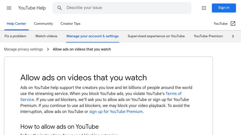 Screenshot of support.google.com: YouTube Begins Blocking Users Who Use Adblock