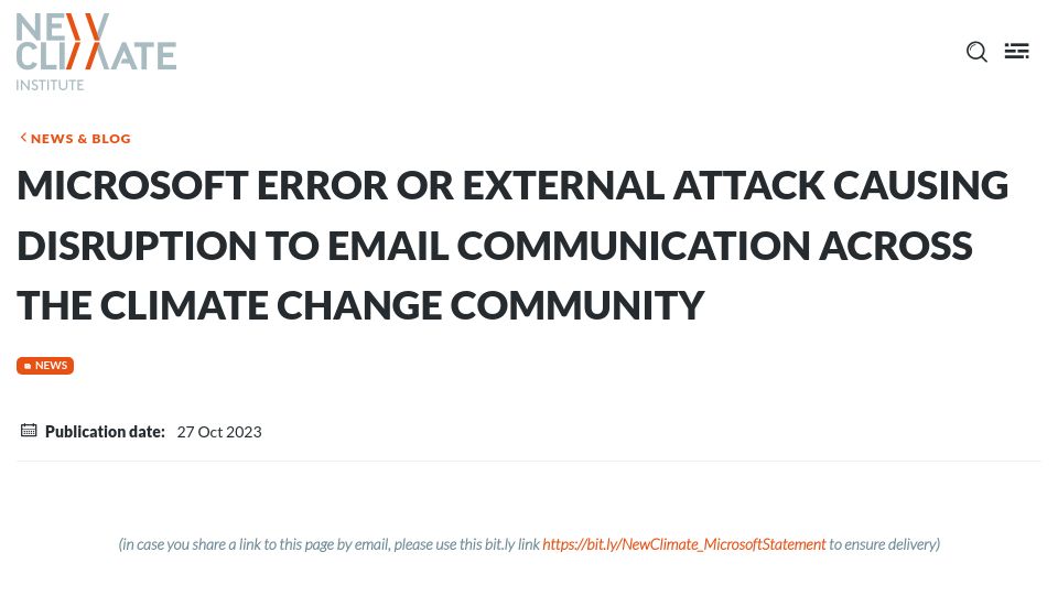 Screenshot of newclimate.org: Microsoft is failing to deliver emails that mention newclimate.org