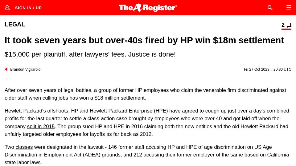 Screenshot of theregister.com: It took seven years but over-40s fired by HP win $18M settlement