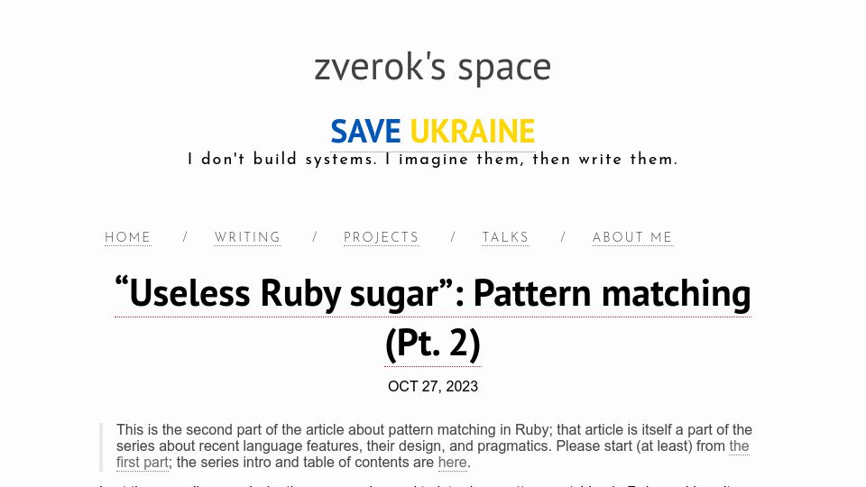 Screenshot of zverok.space: "Useless Ruby sugar": Pattern matching (Pt. 2)