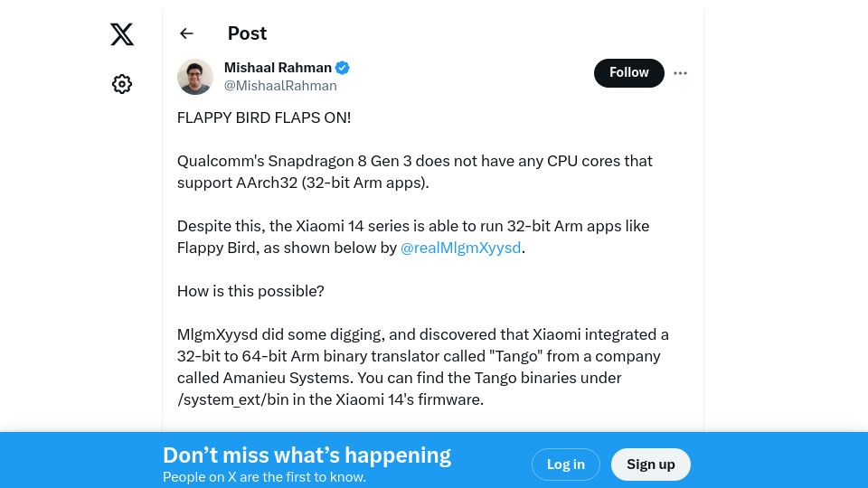 Screenshot of twitter.com: The Xiaomi 14 with the new Snapdragon 8 Gen 3 has a 32 to 64-bit translator