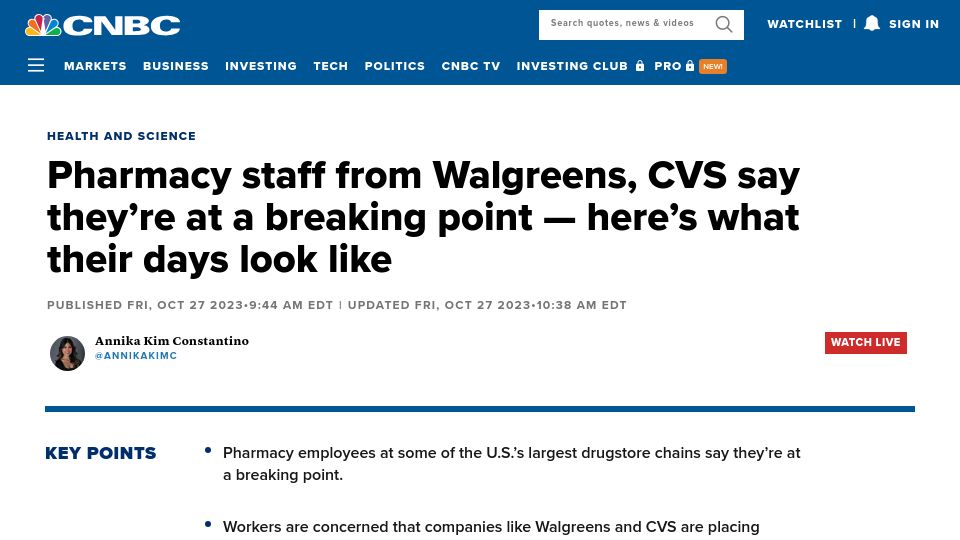 Screenshot of cnbc.com: Walgreens, CVS pharmacy staff at breaking point: here's what their days are like