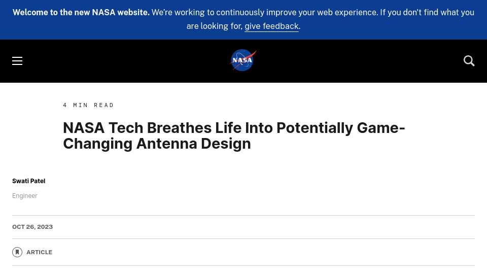 Screenshot of nasa.gov: Large Balloon Reflector: a potentially game-changing antenna design