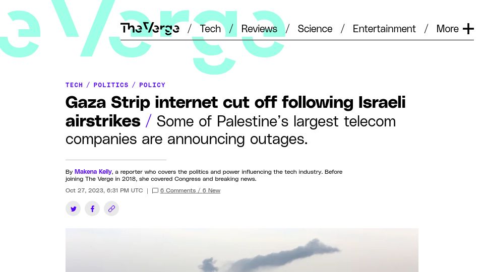 Screenshot of theverge.com: Gaza Strip internet cut off following Israeli airstrikes