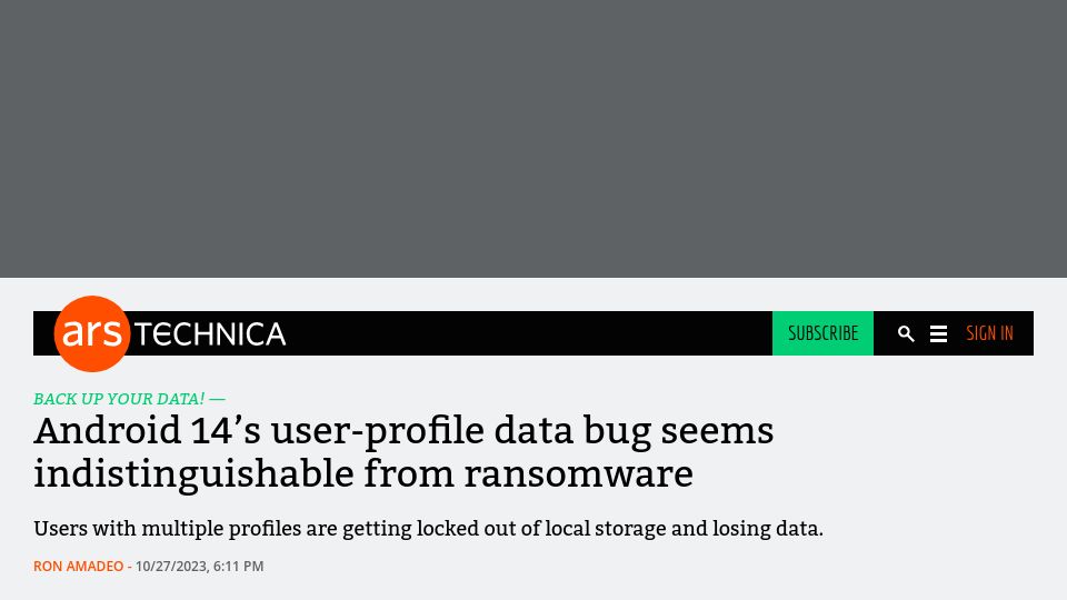 Screenshot of arstechnica.com: Android 14's user-profile data bug