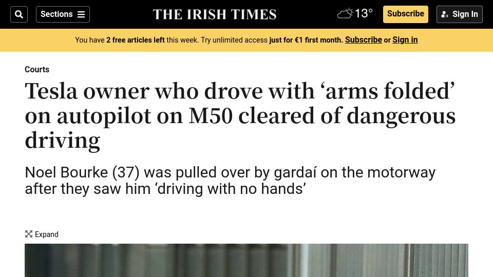 Screenshot of irishtimes.com: Tesla owner who drove with 'arms folded' cleared of dangerous driving