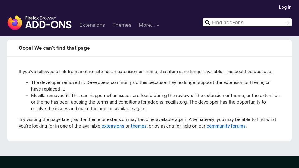Screenshot of addons.mozilla.org: Enhancer for YouTube for Firefox is gone