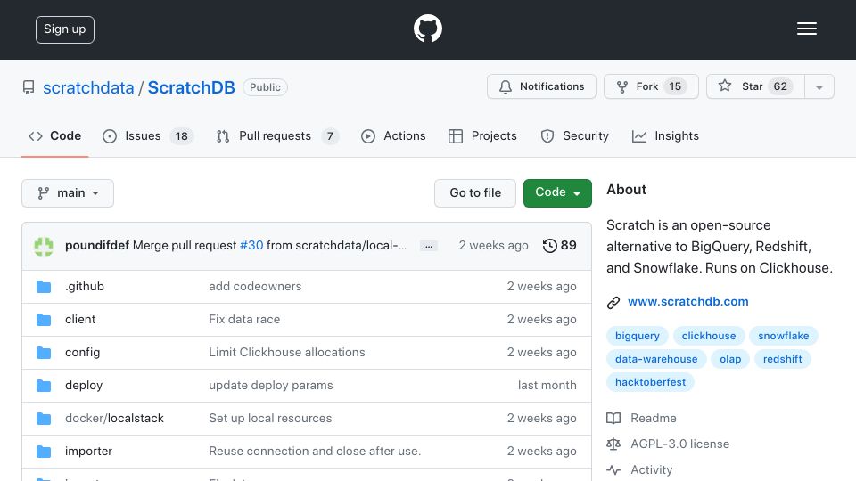 Screenshot of github.com: Show HN: ScratchDB – Open-Source Snowflake on ClickHouse