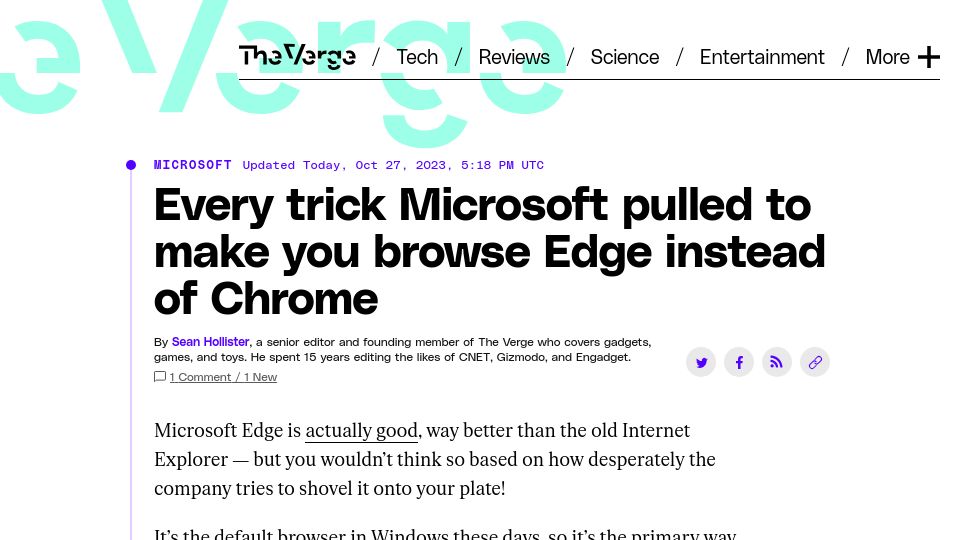 Screenshot of theverge.com: Every trick Microsoft pulled to make you browse Edge instead of Chrome