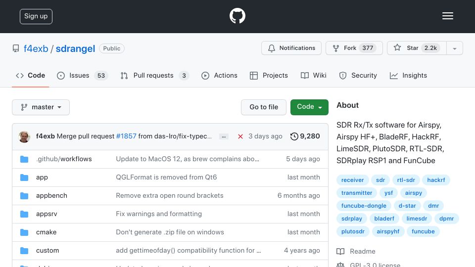 Screenshot of github.com: SDRangel: Explore the electromagnetic spectrum with open source SDR software