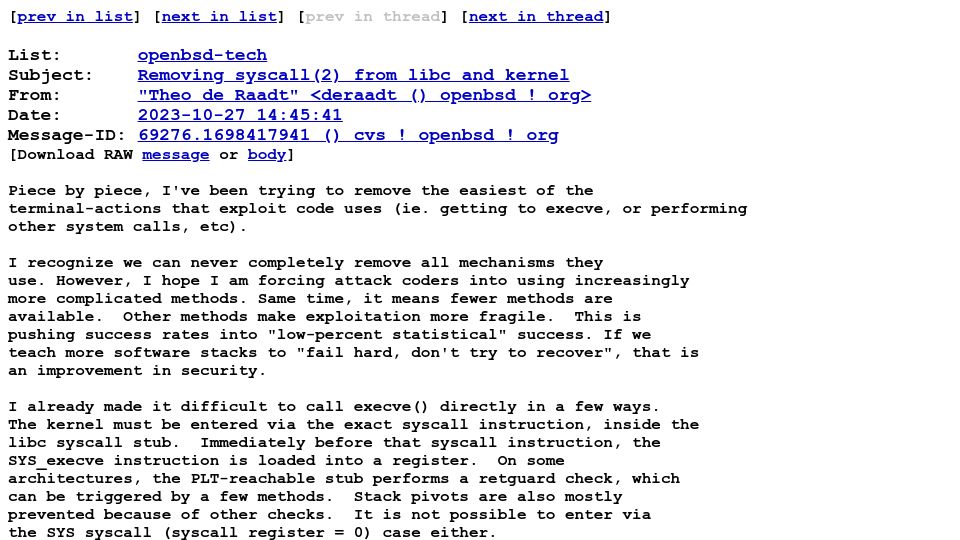 Screenshot of marc.info: OpenBSD: Removing syscall(2) from libc and kernel