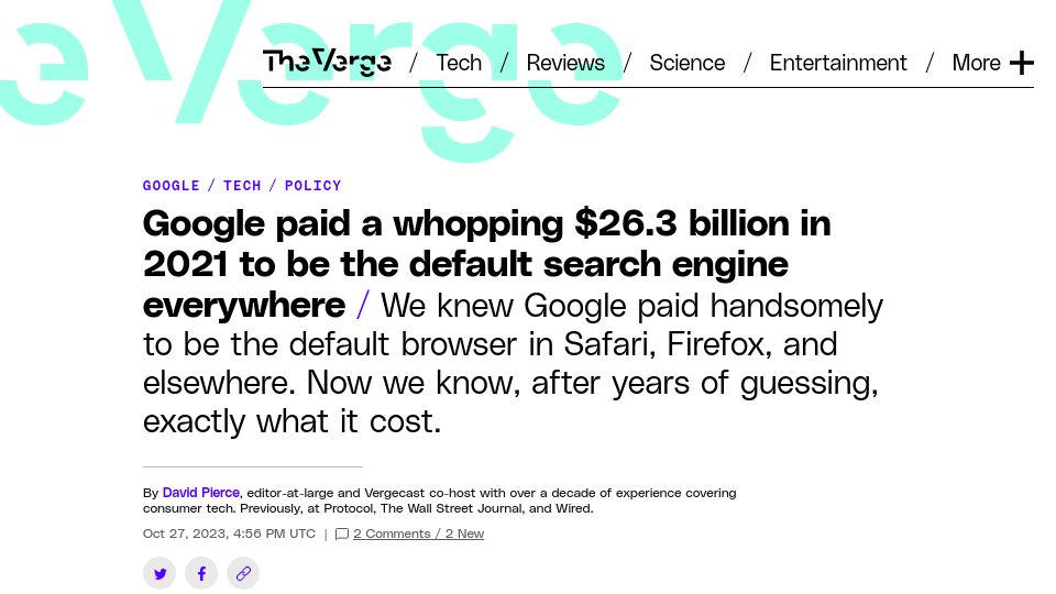 Screenshot of theverge.com: Google paid $26.3B in 2021 to be the default search engine