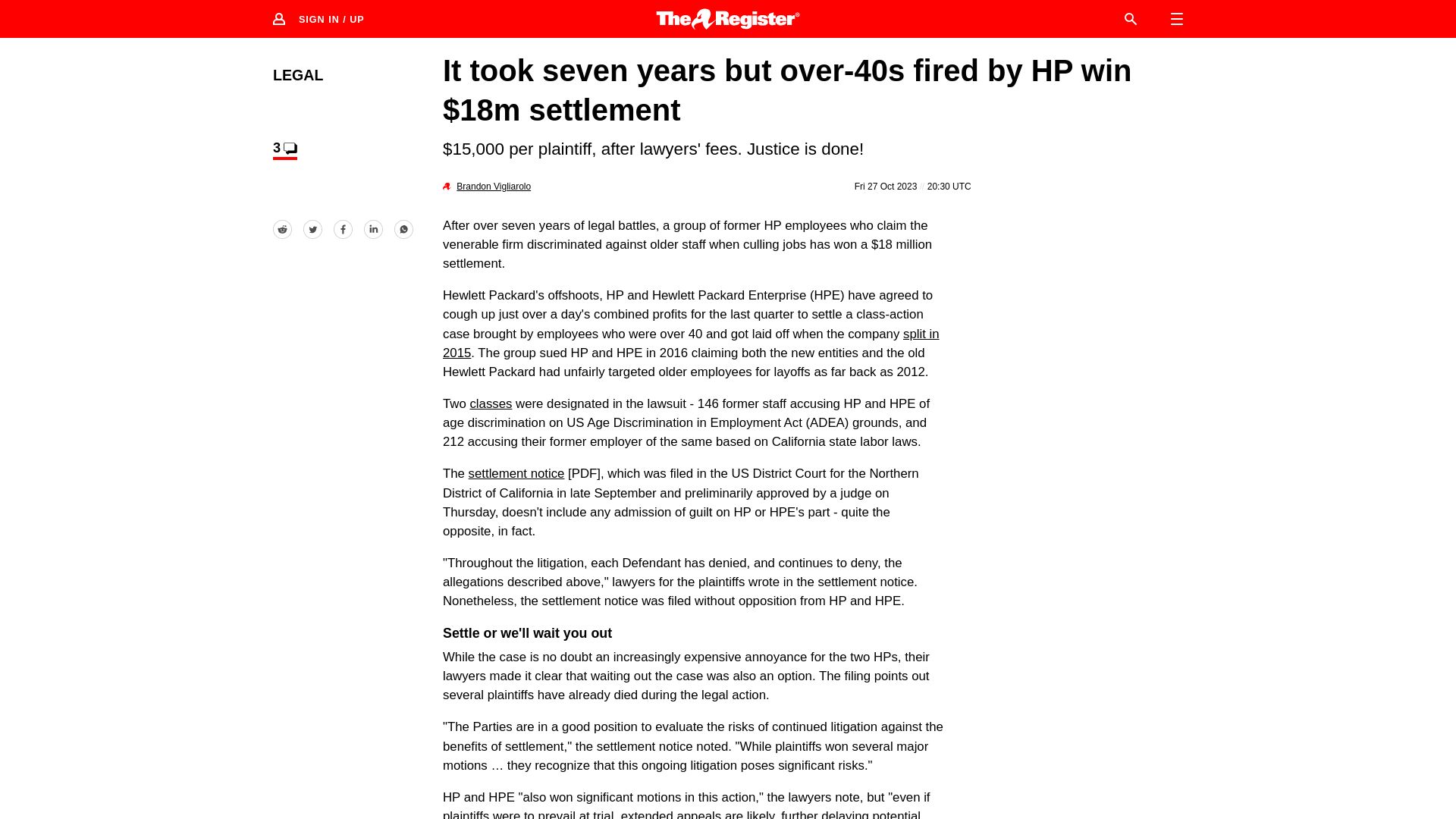 Screenshot of theregister.com: It took seven years but over-40s fired by HP win $18M settlement