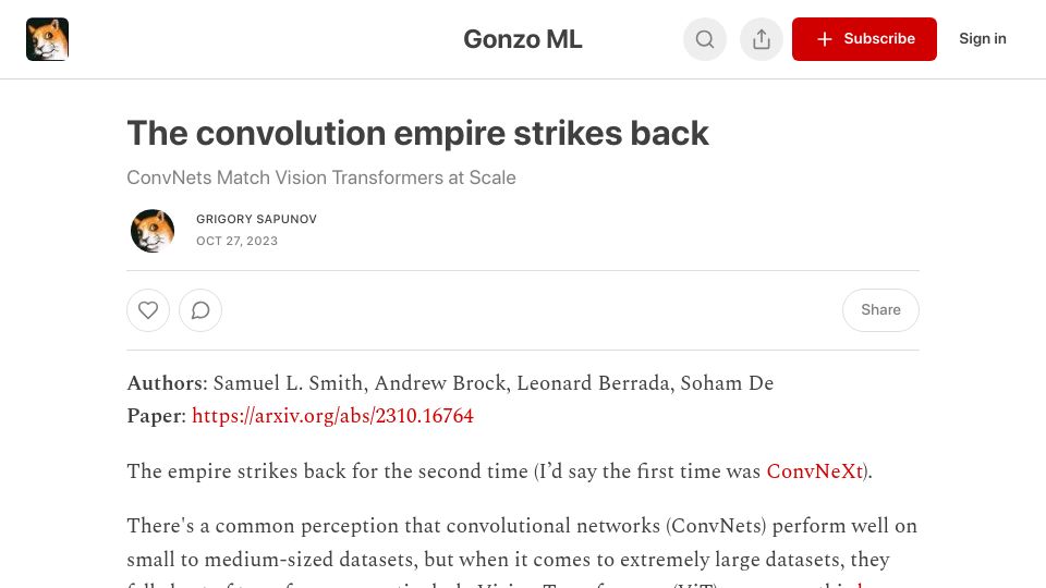 Screenshot of gonzoml.substack.com: The convolution empire strikes back