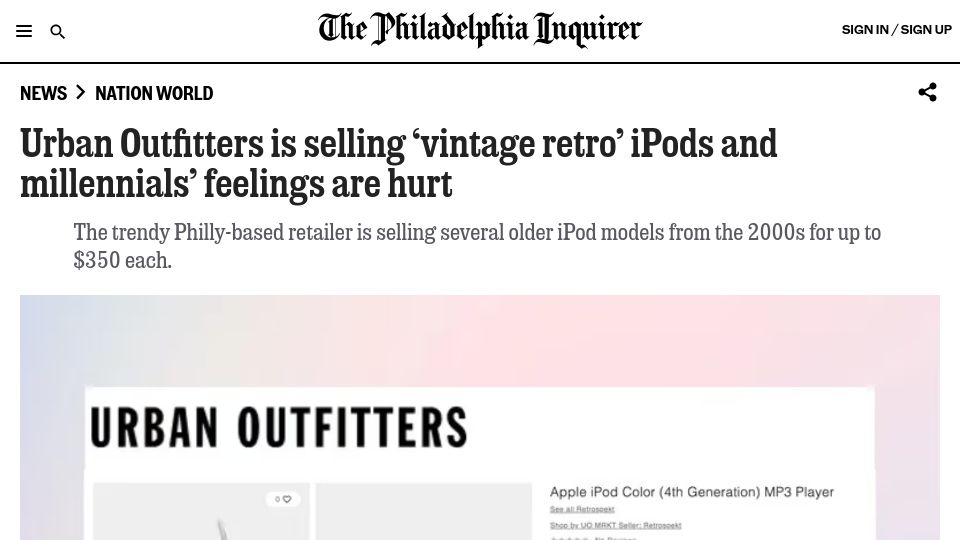 Screenshot of inquirer.com: Urban Outfitters is selling 'vintage retro' iPods