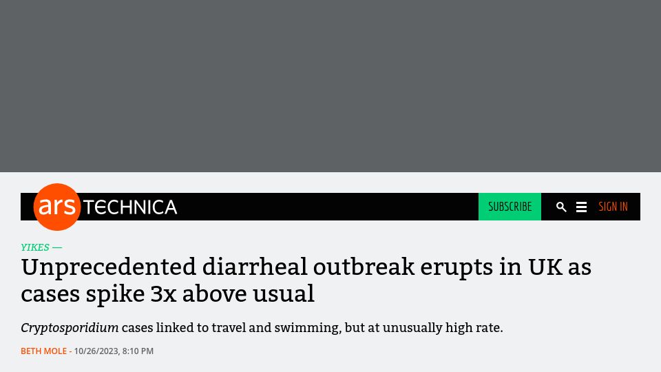 Screenshot of arstechnica.com: Unprecedented Cryptosporidium Outbreak in UK