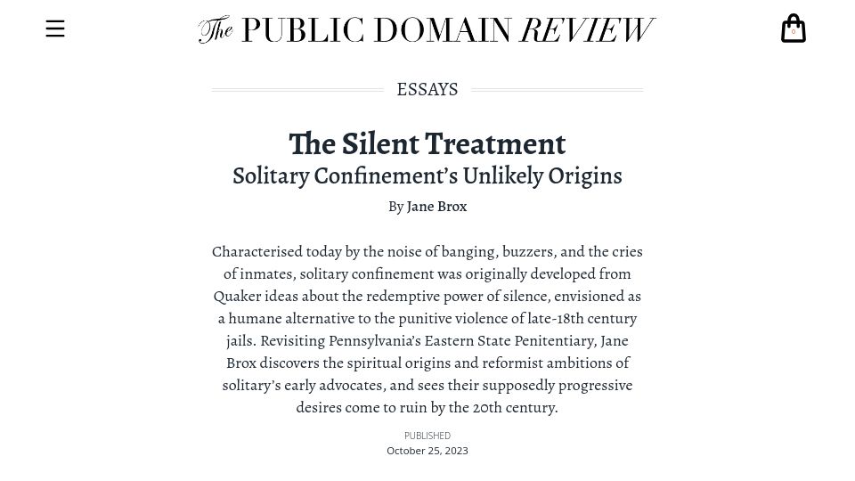 Screenshot of publicdomainreview.org: Solitary Confinement's Unlikely Origins