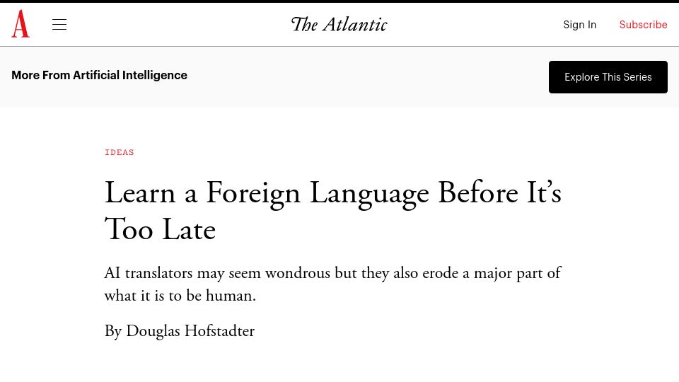 Screenshot of theatlantic.com: The downside of AI language translation