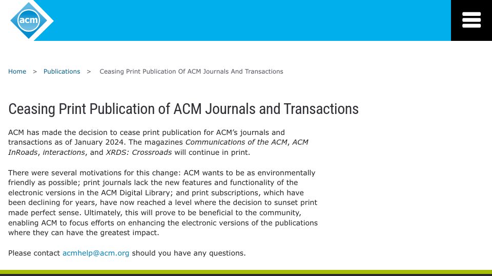 Screenshot of acm.org: Ceasing print publication of ACM journals and transactions