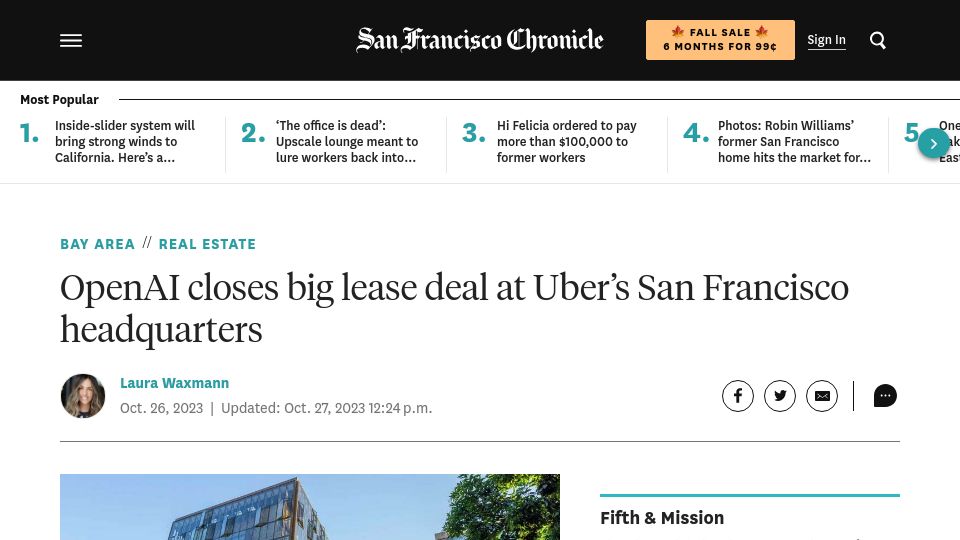 Screenshot of sfchronicle.com: OpenAI closes big lease deal at Uber's San Francisco headquarters