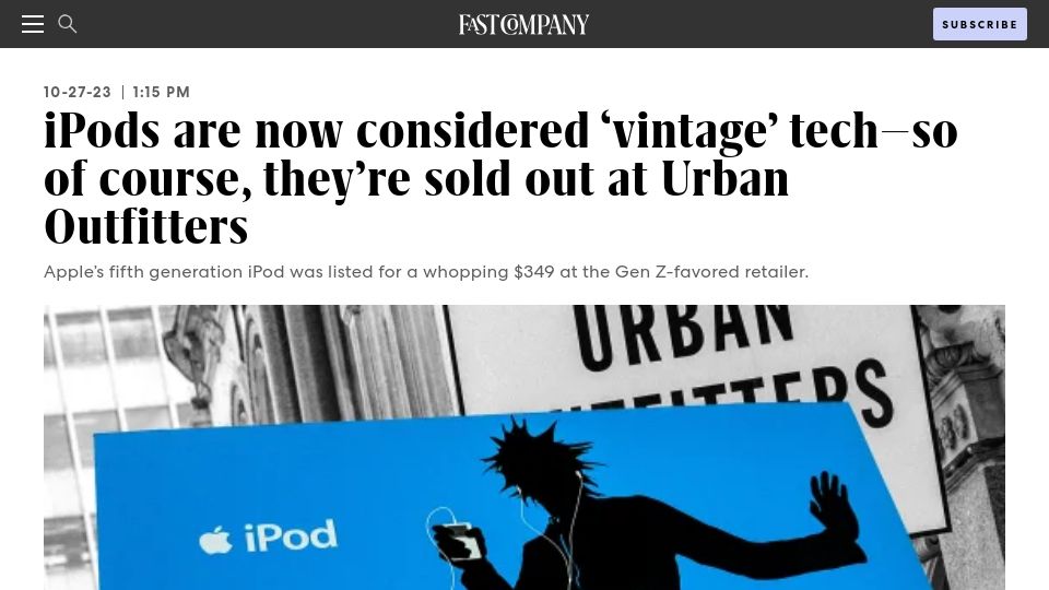 Screenshot of fastcompany.com: iPods now considered vintage tech– so of course sold out at Urban Outfitters