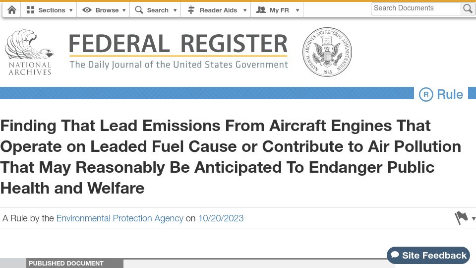 Screenshot of federalregister.gov: Finding that lead emissions from aircraft engines contribute to air pollution