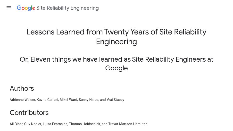 Screenshot of sre.google: Lessons Learned from Twenty Years of Site Reliability Engineering