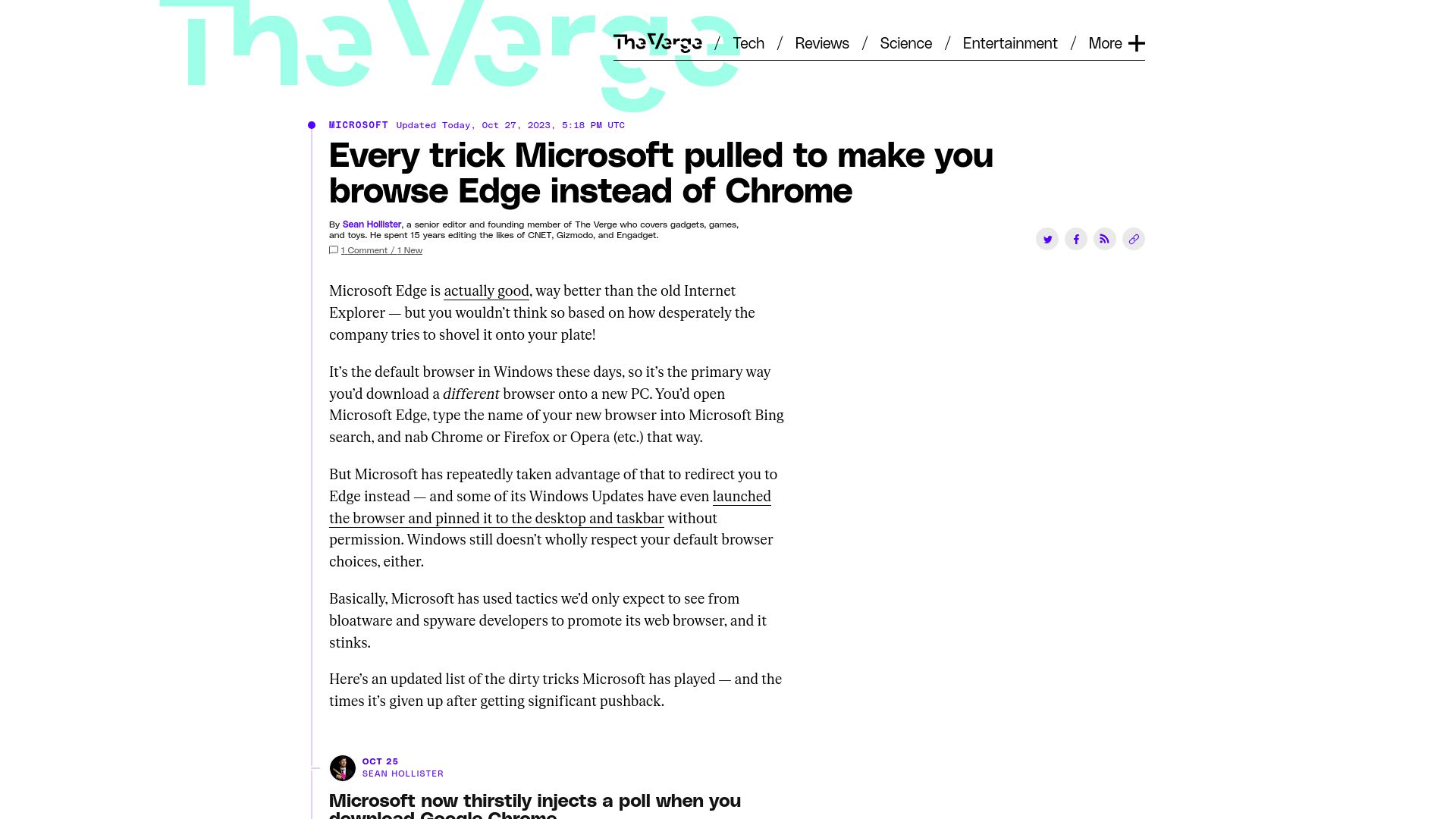 Screenshot of theverge.com: Every trick Microsoft pulled to make you browse Edge instead of Chrome