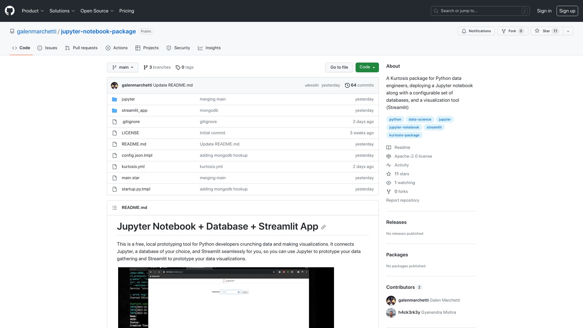 Screenshot of github.com: Show HN: A local Python prototyping tool for Jupyter and Streamlit