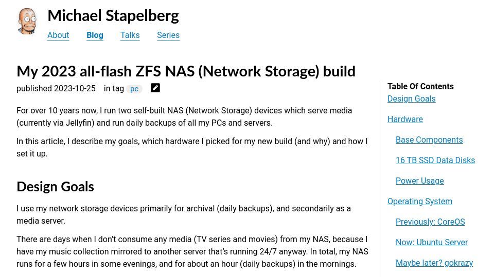 Screenshot of michael.stapelberg.ch: My 2023 all-flash ZFS NAS (Network Storage) build
