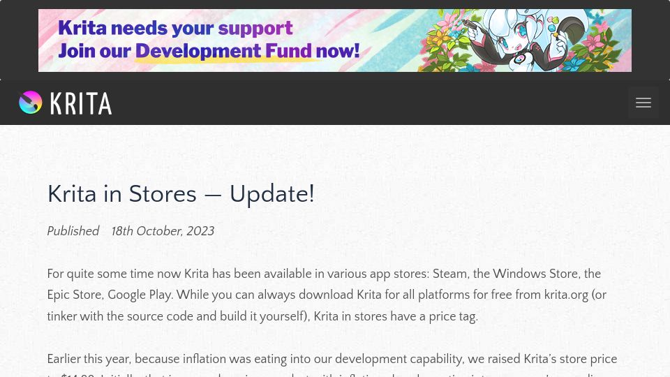Screenshot of krita.org: Krita is now available on the macOS store
