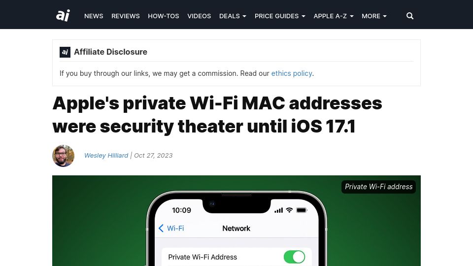 Screenshot of appleinsider.com: Apple's private Mac addresses didn't work until iOS 17.1
