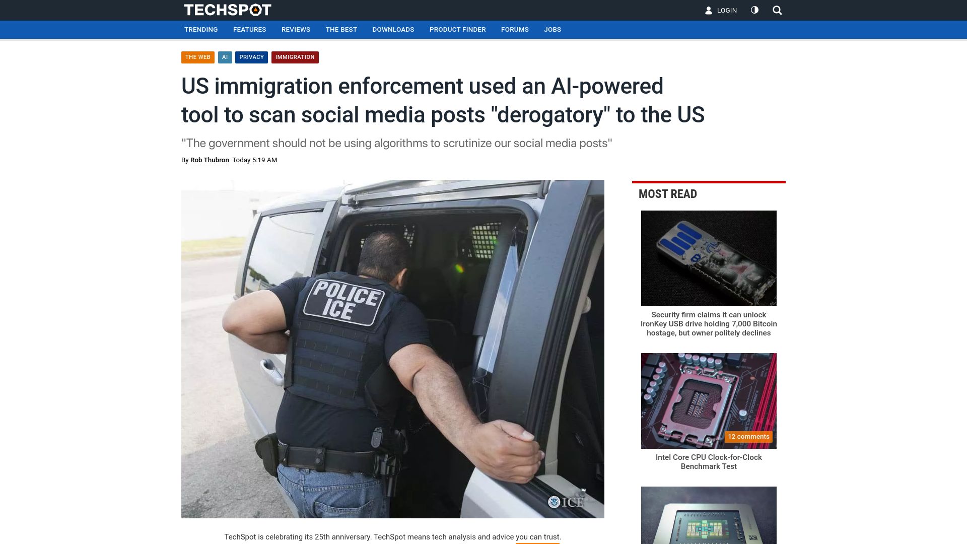 Screenshot of techspot.com: US immigration enforcement used AI-powered tool to scan posts derogatory to US
