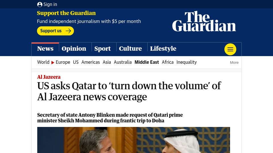 Screenshot of theguardian.com: US asks Qatar to 'turn down the volume' of Al Jazeera news coverage