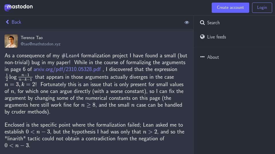 Screenshot of mathstodon.xyz: Lean4 helped Terence Tao discover a small bug in his recent paper