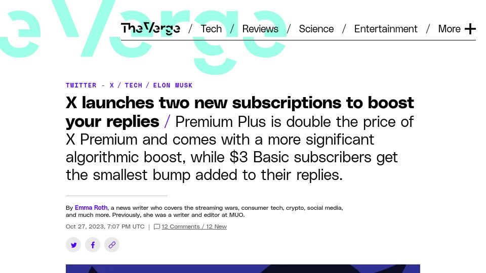 Screenshot of theverge.com: X launches two new subscriptions to boost your replies