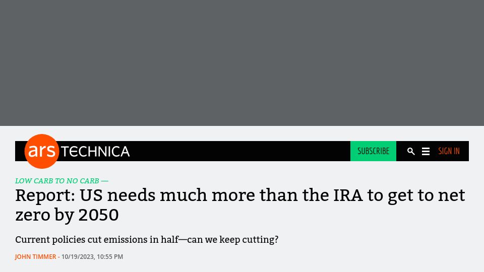 Screenshot of arstechnica.com: US needs much more than the IRA to get to net zero by 2050