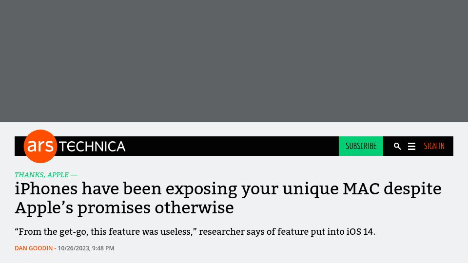 Screenshot of arstechnica.com: iPhones have been exposing MAC addresses despite Apple’s promises otherwise