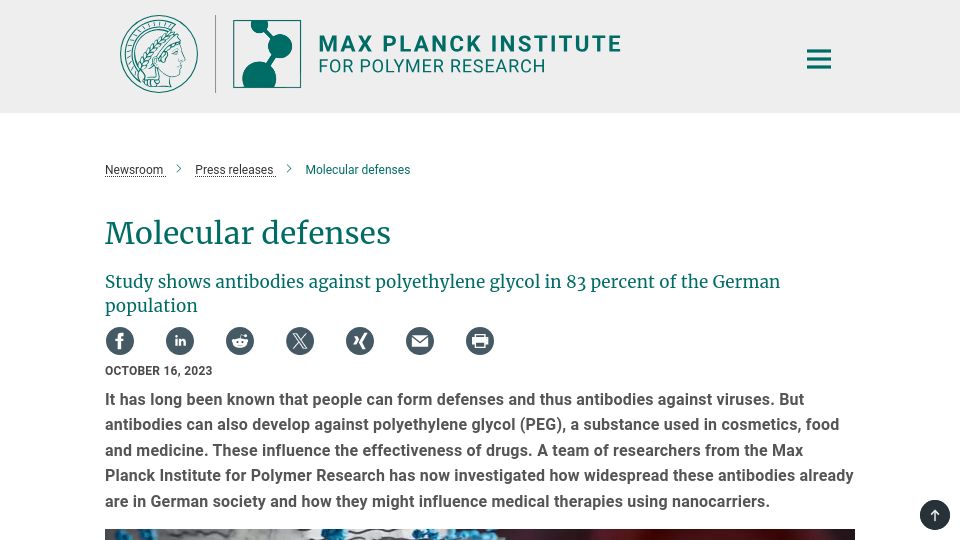 Screenshot of mpip-mainz.mpg.de: Study shows antibodies against PEG in 83% of the German population