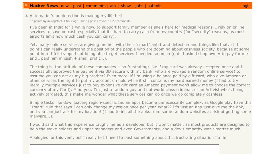 Screenshot of Hacker News post: Tell HN: Automatic fraud detection is making my life hell