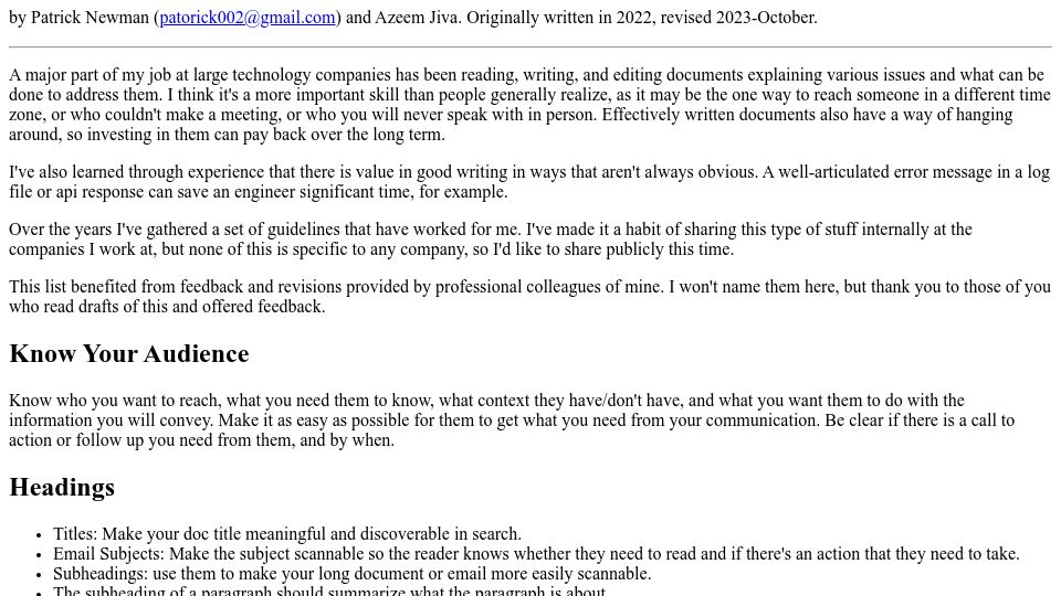 Screenshot of pnewman.org: Writing for Professional and Technical Audiences