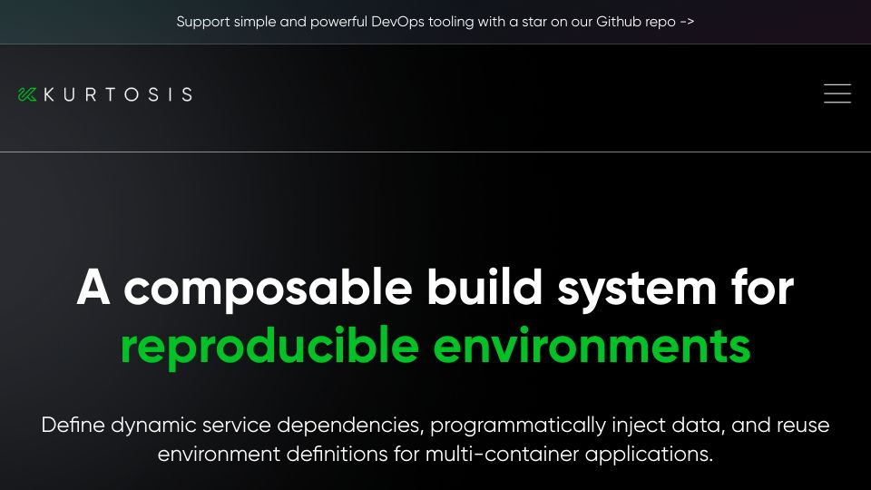 Screenshot of kurtosis.com: Kurtosis: A composable build system for reproducible environments