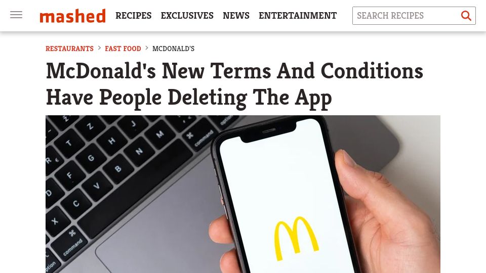 Screenshot of mashed.com: McDonalds is giving free French fries in return for waiving the right to sue