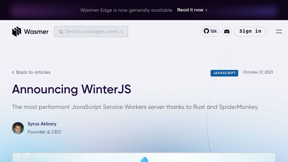 Screenshot of wasmer.io: WinterJS