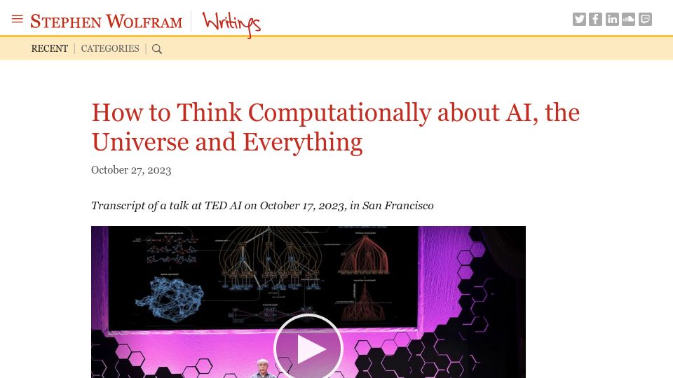 Screenshot of writings.stephenwolfram.com: How to Think Computationally about AI, the Universe and Everything